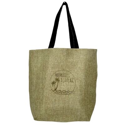 L beach tote bag, "Mademoiselle at the beach" shimmering jute