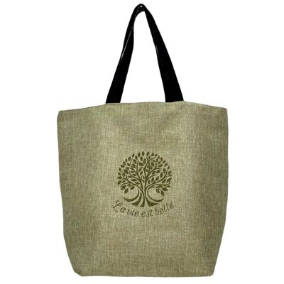 Tote de playa L, yute brillante “Life is beautiful”