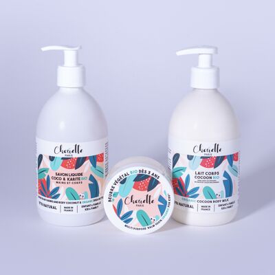 TRIO KARITE - Kit di tre prodotti detergenti e idratanti per la cura del corpo, 100% naturali e certificati biologici