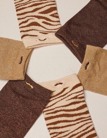 Pack de 3 chaussettes fantaisie femme - Paillettes et zèbre marron doré 3