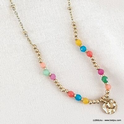Collana in acciaio inossidabile con perle di pietra e medaglione martellato 0123071