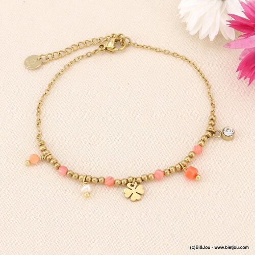 Bracelet trèfle porte-bonheur acier perles pierre 0223081