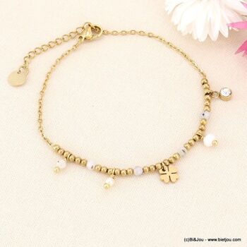Bracelet trèfle porte-bonheur acier perles pierre 0223081 4