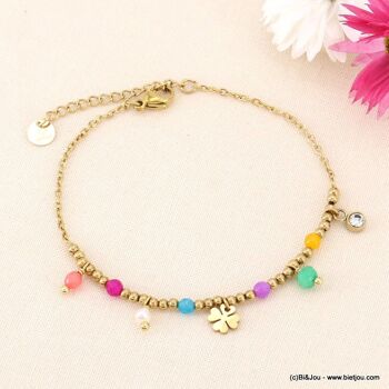Bracelet trèfle porte-bonheur acier perles pierre 0223081 5