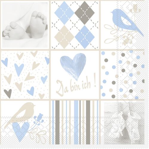 Einweg Serviette Baby in Blau-Weiß aus Tissue 33 x 33 cm, 20 Stück