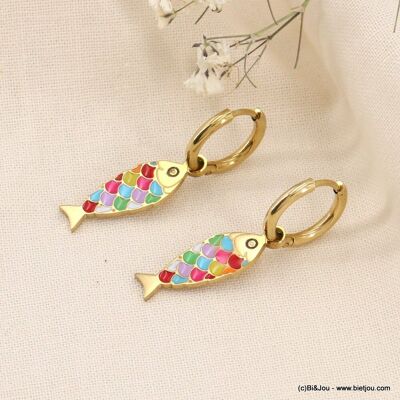 Boucles d'oreilles mini créoles poissons acier émail 0323163