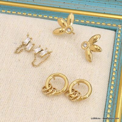 Pendientes trío de flores con cadena y anillos de acero 0323124