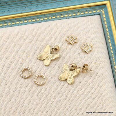 Trio orecchini a bottone in acciaio con anelli di fiori a farfalla 0323123