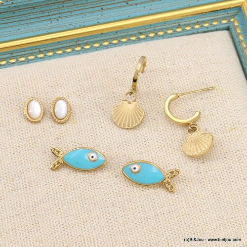 Trio puces d'oreilles acier inox plage poisson nacre 0323158