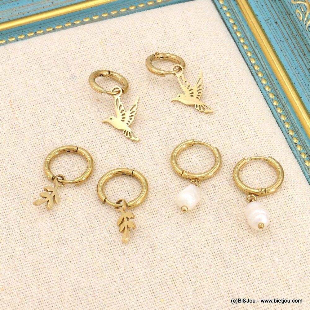 Trio orecchini a bottone in acciaio con foglia di uccello e perla 0323152