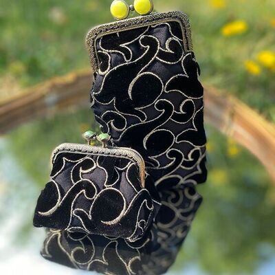 Duo of black BORGIA glasses case and small coin purse - retro style in openwork and embroidered velvet