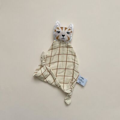 Doudou Chat en double gaze carreaux beige et camel