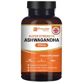 Ashwagandha 1500 mg 180 comprimés végétaliens | Approvisionnement de 6 mois | Extrait pur de racine d'Ashwagandha haute résistance | Supplément Ashwagandha | Fabriqué au Royaume-Uni par Prowise Healthcare 1