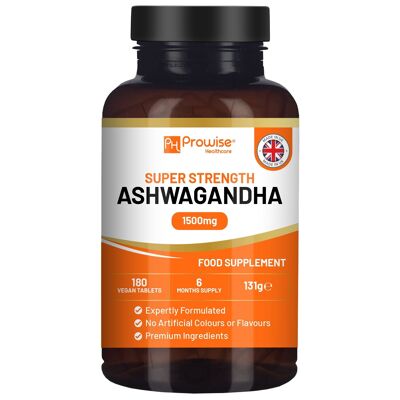Ashwagandha 1500 mg 180 comprimés végétaliens | Approvisionnement de 6 mois | Extrait pur de racine d'Ashwagandha haute résistance | Supplément Ashwagandha | Fabriqué au Royaume-Uni par Prowise Healthcare