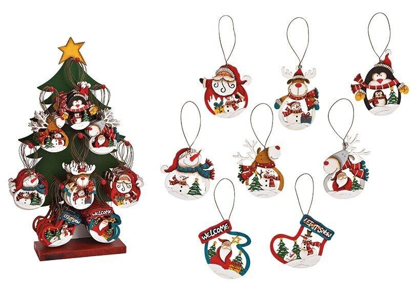 Appendino natalizio Babbo Natale, alce, pupazzo di neve, pinguino su supporto per albero 26x47x12 cm in legno, colorato 8 volte (L/A/P) 8x9x0,2 cm.5 cm