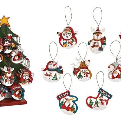 Percha navideña Papá Noel, alce, muñeco de nieve y pingüino sobre soporte para árbol 26x47x12cm de madera, colorido 8 veces (An/Al/Pr) 8x9x0.5cm