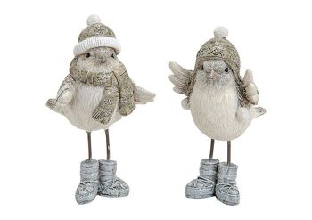 Oiseau d'hiver décoratif à paillettes en poly/métal, blanc, 2 fois, (L/H/P) 8x13x8 cm