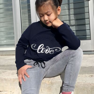 Girls' cotton fleece sweatshirt with embossed glitter logo