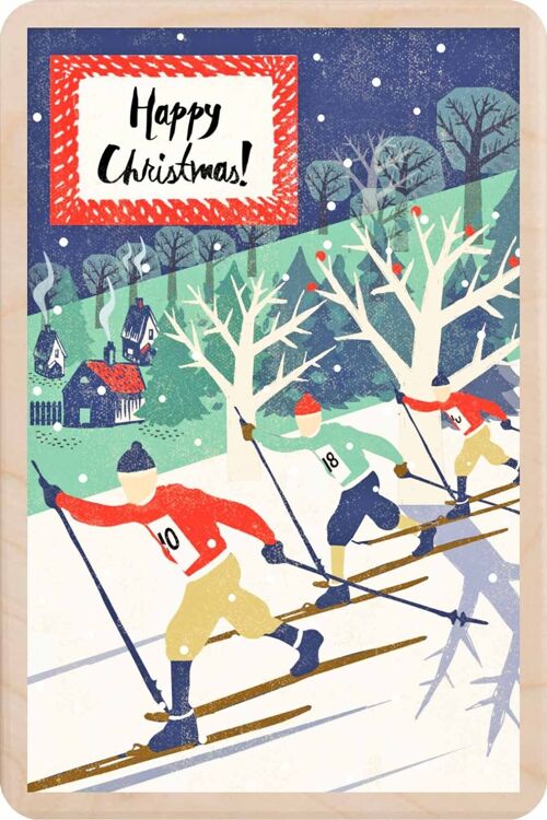 Wooden Postcard SKI RACE Christmas Card