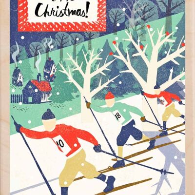 Wooden Postcard SKI RACE Christmas Card