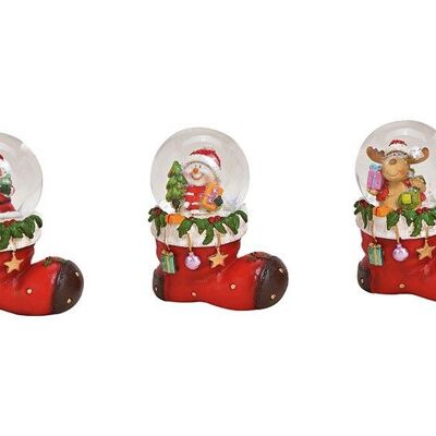 Boule à neige Père Noël, bonhomme de neige, élan avec chapeau de Noël sur une base de botte en poly, verre coloré 3 volets, (L / H / P) 7x8x5cm