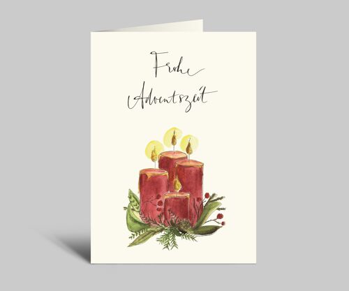 Frohe Adventszeit | Weihnachtskarte | vier leuchtende Adventskerzen | Advents-Klappkarte mit Umschlag