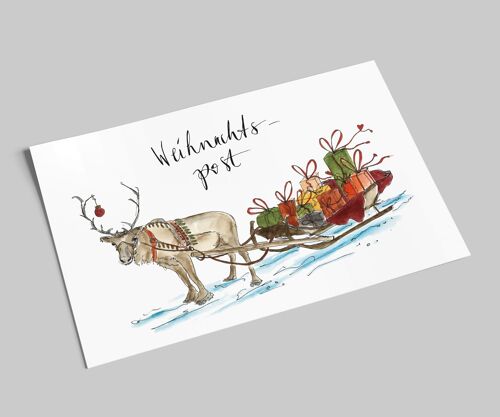 Weihnachtspost | Weihnachtskarte | Rentier mit Schlitten voller Geschenke | Weihnachten Postkarte A6