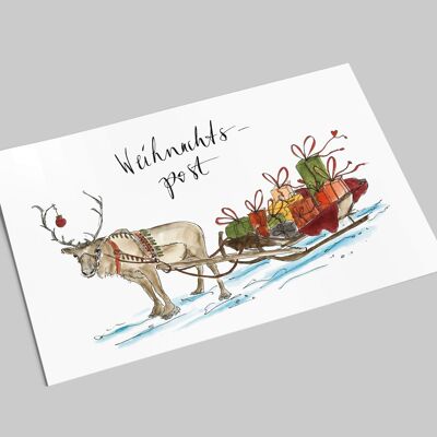 Courrier de Noël | Carte de Noël | Renne avec un traîneau plein de cadeaux | Carte postale de Noël A6