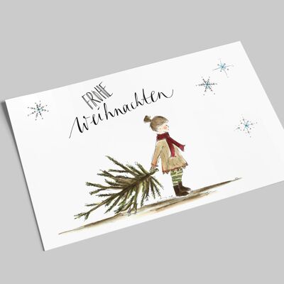 Weihnachtskarte | Mädchen mit kleiner Tanne | Frohe Weihnachten | Postkarte A6