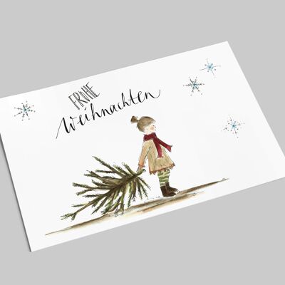 Christmas card | Girl with a small fir tree | Merry Christmas | Postcard A6