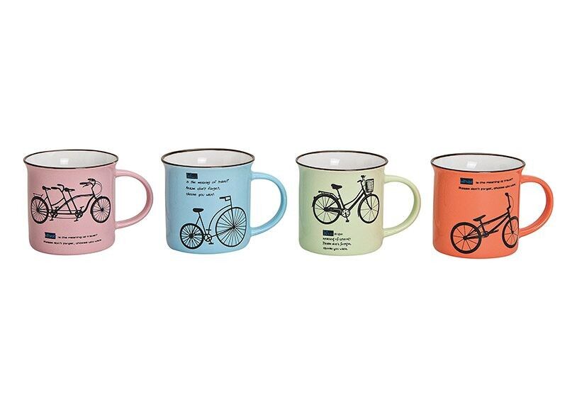 Becher Fahrrad Pot aus Porzellan, 4-fach sortiert, 7,5 cm, 150 ml