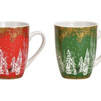 Mug décor forêt d'hiver en porcelaine rouge, vert 2 plis, (L/H/P) 11x10x8cm 340ml