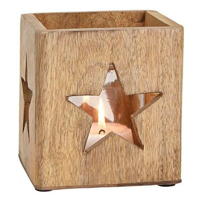 Décor étoile lanterne en bois de manguier, verre brun (L/H/P) 12x12x12cm