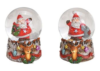 Boule à neige Père Noël sur socle décor cerf en poly, verre coloré 2 volets, (L/H/P) 4x6x5cm