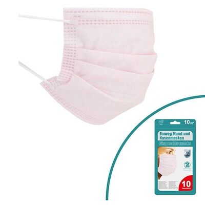 Mouth and nose mask set of 10 pink, 3-layer, with ear loops, in a bag of 10