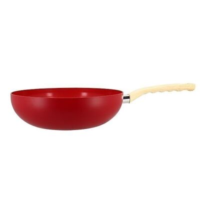 Magentafarbener Wok, 28 cm, Aluminium-Induktionsgriff mit Holzeffekt