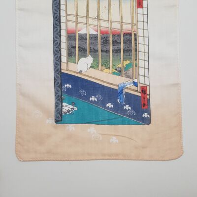 Tenugui Japanese towel 100% cotton printed with reproduction of Cat & Mount Fuji prints by Japanese artist Utagawa Hiroshige