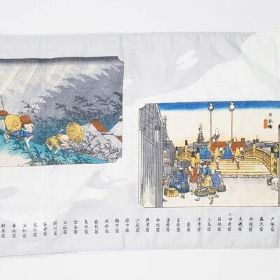 Japanisches Tenugui-Handtuch aus 100 % Baumwolle, bedruckt mit Reproduktionen von Drucken der Tokio-Brücke des japanischen Künstlers Utagawa Hiroshige