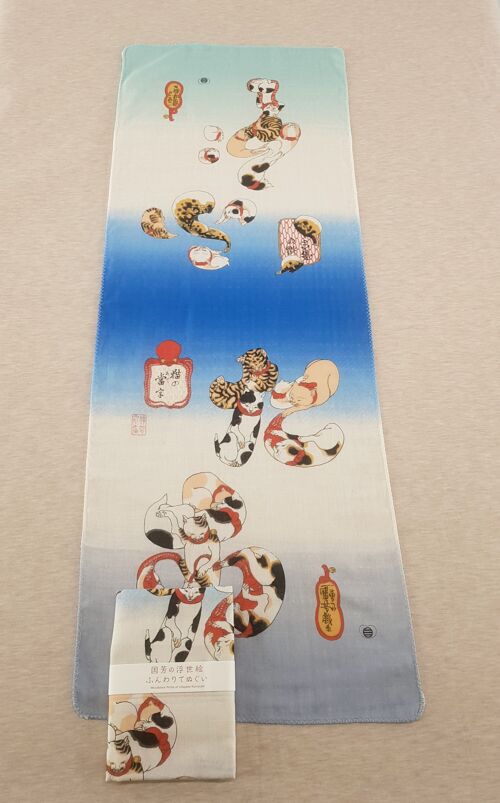 Tenugui serviette japonaise 100% coton imprimé avec reproduction d'estampe Chat Hiragana de l'artiste japonais Utagawa Kuniyoshi, bandeau