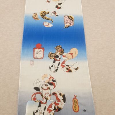 Tenugui Japanese towel 100% cotton printed with reproduction of Hiragana Cat print by Japanese artist Utagawa Kuniyoshi, headband