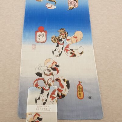 Asciugamano giapponese Tenugui 100% cotone stampato con riproduzione della stampa Hiragana Cat dell'artista giapponese Utagawa Kuniyoshi, fascia per capelli