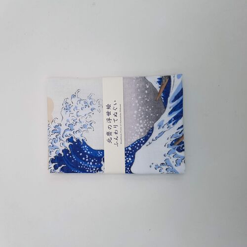 Tenugui serviette japonaise 100% coton imprimé  avec reproduction d'estampe de la fameuse Vague de l'artiste Hokusai