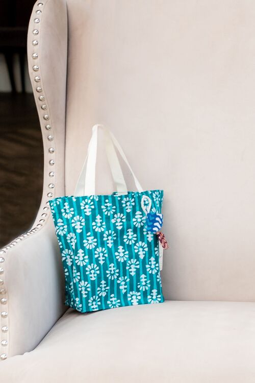 Fabric Gift Bags Tote Style - Teal Flowers (Medium)