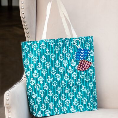 Fabric Gift Bags Tote Style - Teal Flowers (Large)