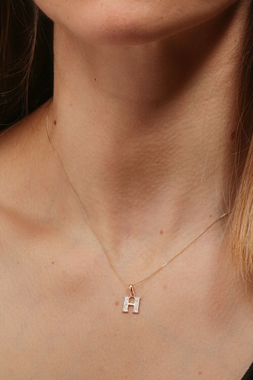 Solid Yellow Gold Diamond "H" Initial Pendant Necklace