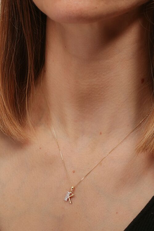 Solid Yellow Gold Diamond "K" Initial Pendant Necklace