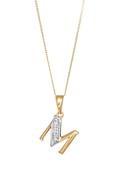 Solid Yellow Gold Diamond "M" Initial Pendant Necklace