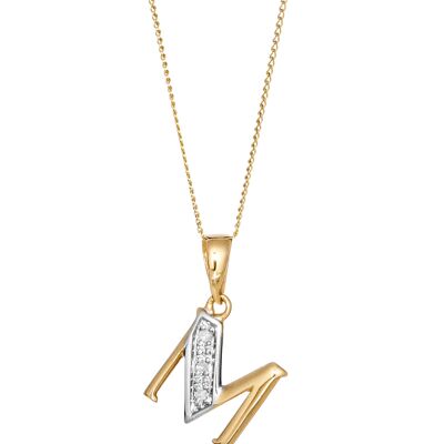 Solid Yellow Gold Diamond "M" Initial Pendant Necklace