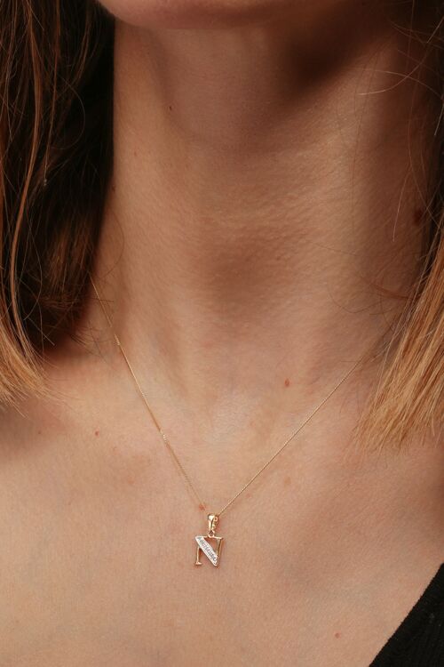 Solid Yellow Gold Diamond "N" Initial Pendant Necklace