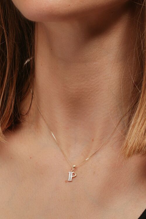 Solid Yellow Gold Diamond "P" Initial Pendant Necklace